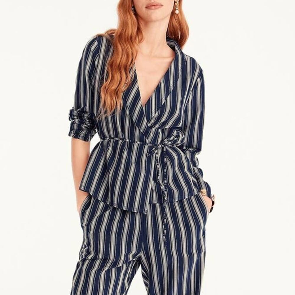 J. Crew Wrap Top in Stripe Blazer Lapel Navy Apricot Stripe